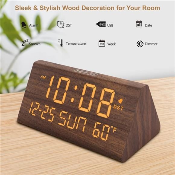 Digital Alarm Clocks for Bedrooms - Wooden Electric Clock with USB Ports, Date - Picture 2 of 6